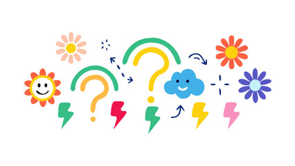 Fototapeta premium Colorful flowers lightning bolts question marks and cloud vector