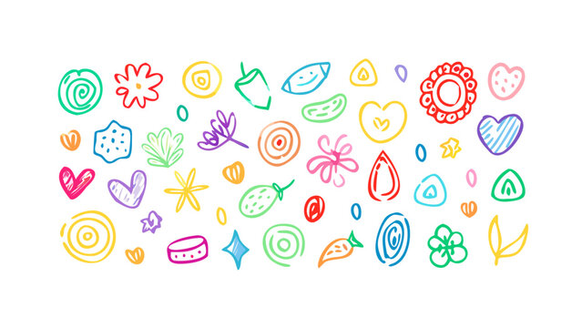Colorful doodle style collection of nature inspired icons flowers hearts