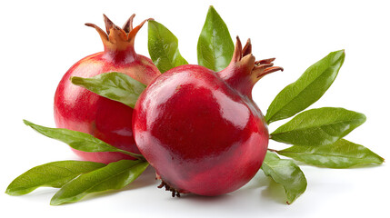 Vibrant pomegranates surrounded by fresh green leaves isolated on white background.
