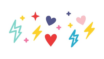 Colorful lightning bolts hearts and stars scattered vector