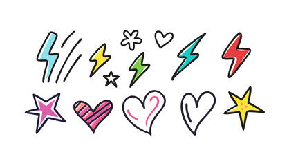 Colorful lightning bolts and hearts with stars doodle