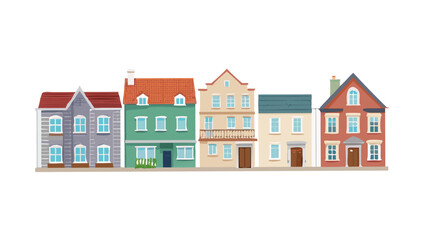 Colorful row of houses with varied architecture buildings