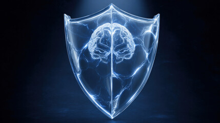 transparent shield enveloping AI brain shaped microchip pulsating neon lines concept of intellectual property protection illustration concept scene visual for commercial design use high detail quality