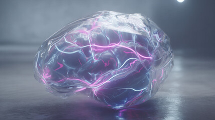 transparent shield enveloping AI brain shaped microchip pulsating neon lines concept of intellectual property protection illustration concept scene visual for commercial design use high detail quality