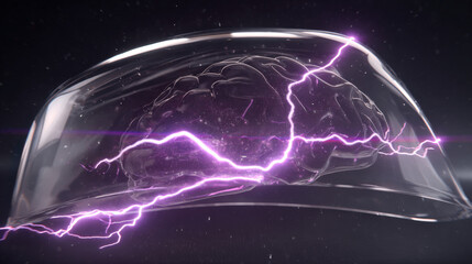 transparent shield enveloping AI brain shaped microchip pulsating neon lines concept of intellectual property protection illustration concept scene visual for commercial design use high detail quality