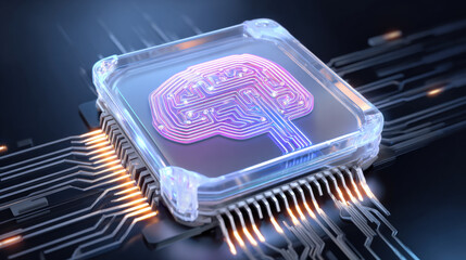 transparent shield enveloping AI brain shaped microchip pulsating neon lines concept of intellectual property protection illustration concept scene visual for commercial design use high detail quality