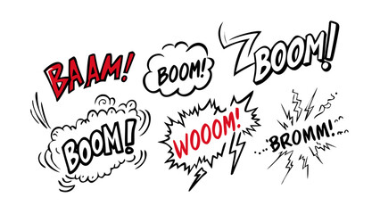 Comic style sound effect words B A M W O M baam wooom