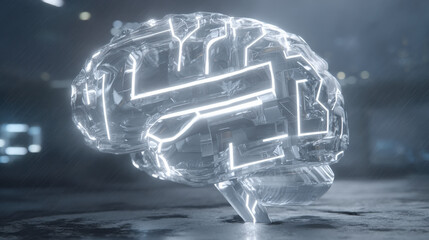 transparent shield enveloping AI brain shaped microchip pulsating neon lines concept of intellectual property protection illustration concept scene visual for commercial design use high detail quality