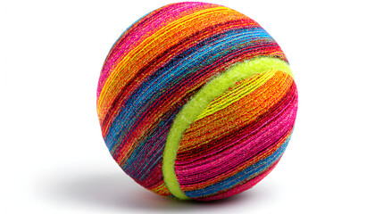 Fototapeta premium Vibrant tennis ball with multi-colored stripes and detailed texture, isolated on white background.