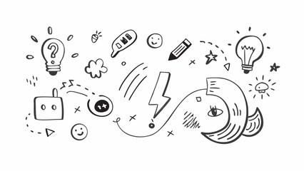 Obraz premium Doodle collection of lightbulbs question marks and lightning bolts pencil