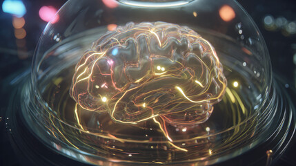 transparent shield enveloping AI brain shaped microchip pulsating neon lines concept of intellectual property protection illustration concept scene visual for commercial design use high detail quality