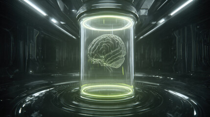 transparent shield enveloping AI brain shaped microchip pulsating neon lines concept of intellectual property protection illustration concept scene visual for commercial design use high detail quality