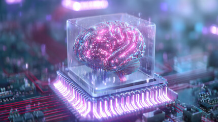 transparent shield enveloping AI brain shaped microchip pulsating neon lines concept of intellectual property protection illustration concept scene visual for commercial design use high detail quality