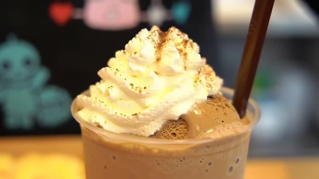 Chocolate milkshake topping with whipped cream close up