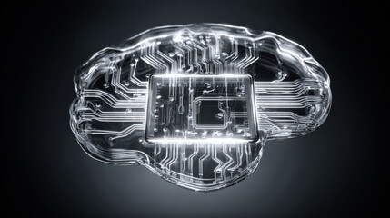 transparent shield enveloping AI brain shaped microchip pulsating neon lines concept of intellectual property protection illustration concept scene visual for commercial design use high detail quality