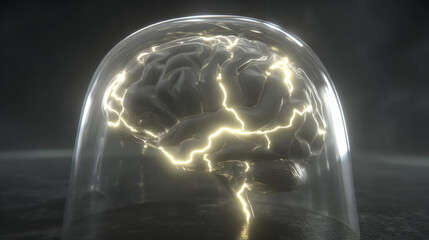 transparent shield enveloping AI brain shaped microchip pulsating neon lines concept of intellectual property protection illustration concept scene visual for commercial design use high detail quality