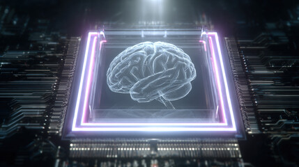 transparent shield enveloping AI brain shaped microchip pulsating neon lines concept of intellectual property protection illustration concept scene visual for commercial design use high detail quality