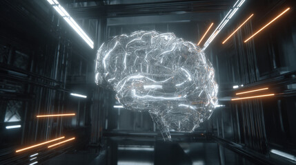 transparent shield enveloping AI brain shaped microchip pulsating neon lines concept of intellectual property protection illustration concept scene visual for commercial design use high detail quality