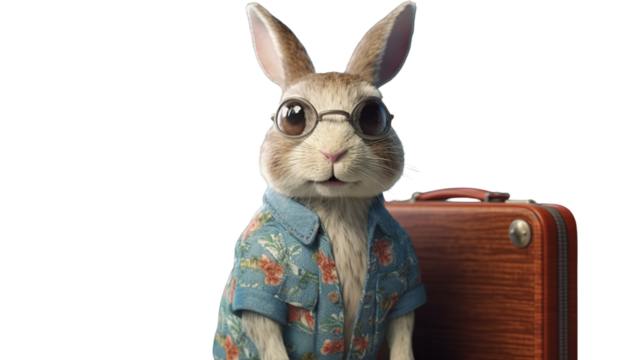 Cute rabbit in Hawaiian shirt with glasses and suitcase