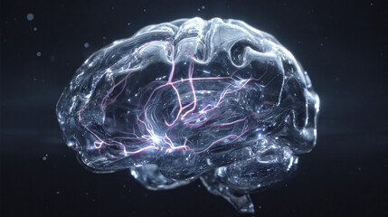 transparent shield enveloping AI brain shaped microchip pulsating neon lines concept of intellectual property protection illustration concept scene visual for commercial design use high detail quality