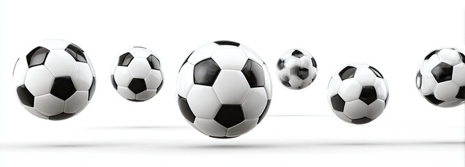 Multiple soccer balls in mid-air against a white background