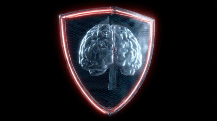 transparent shield enveloping AI brain shaped microchip pulsating neon lines concept of intellectual property protection illustration concept scene visual for commercial design use high detail quality