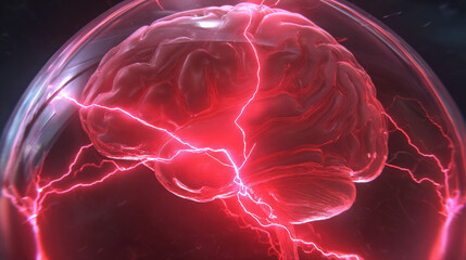 transparent shield enveloping AI brain shaped microchip pulsating neon lines concept of intellectual property protection illustration concept scene visual for commercial design use high detail quality