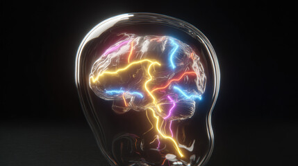 transparent shield enveloping AI brain shaped microchip pulsating neon lines concept of intellectual property protection illustration concept scene visual for commercial design use high detail quality