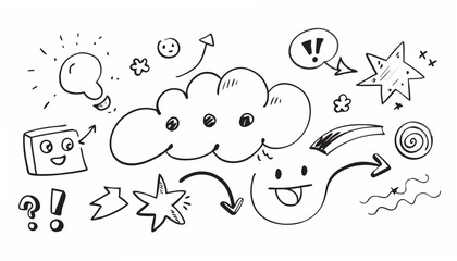 Hand drawn doodles of lightbulb cloud stars and faces sketch illustration