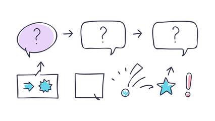 Hand drawn question mark chat bubbles and symbols question marks arrows