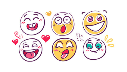 Obraz premium Happy expressive cartoon faces with hearts emoji smiling