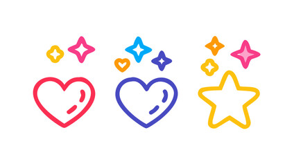 Hearts and stars playful outline icons vector