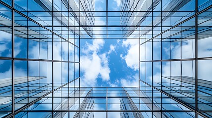 Obraz premium Abstract Architectural View: Bottom-Up Shot of Skyscrapers, Glass Curtain Wall Grid Reflecting Blue Sky & Clouds, Geometric Lines