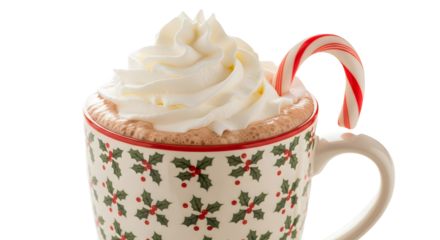 Hot chocolate in a Christmas mug topped with whipped cream and a candy cane.