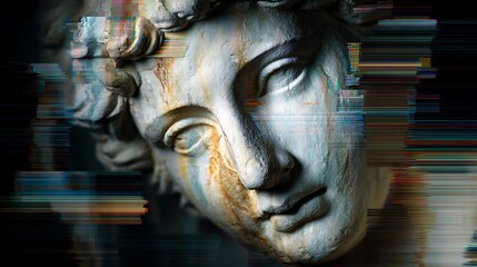half-sculpted goddess face melting into corrupted pixel streaks, sharp glitch artifacts cut through marble textures, ambient lighting, digital entropy 