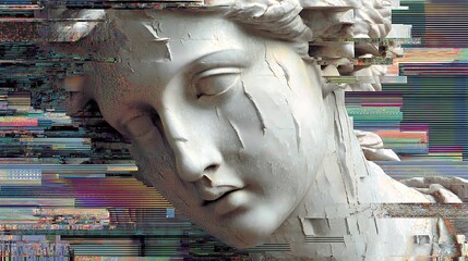 half-sculpted goddess face melting into corrupted pixel streaks, sharp glitch artifacts cut through marble textures, ambient lighting, digital entropy 