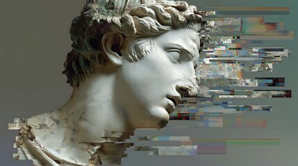 a decaying marble sculpture of a Greek god, slowly dissolving into pixelated glitch fragments, surreal background of digital static, glitch art, deconstructed aesthetic 