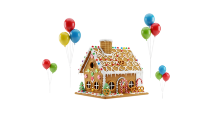 A giant gingerbread house floating in the sky with balloons.