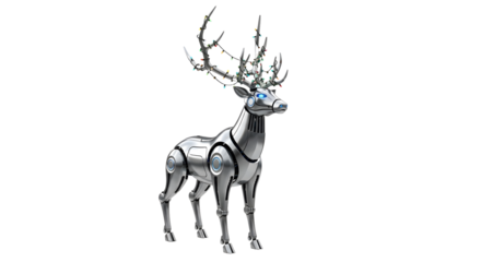 A futuristic robot reindeer with metallic antlers and LED Christmas lights.