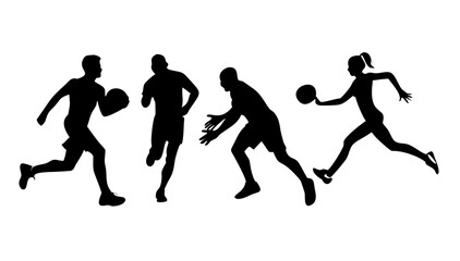 Minimalist black silhouette of athletes playing football soccer sport