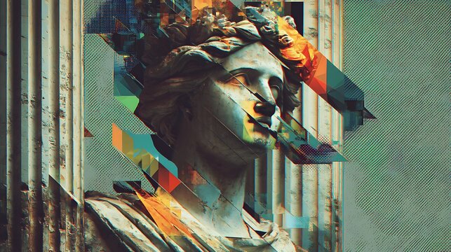 ancient deity statue collapsing into colorful glitch geometry, moody background of corrupted architecture, digital vandalism meets fine art - Powered by Adobe