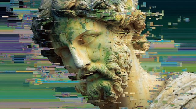 a decaying marble sculpture of a Greek god, slowly dissolving into pixelated glitch fragments, surreal background of digital static, glitch art, deconstructed aesthetic