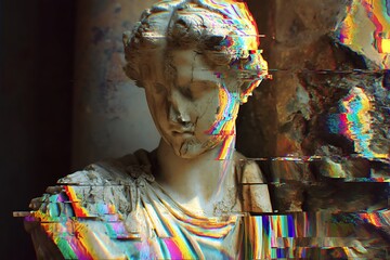 ancient stone statue eroded by corrupted code, glitch effects melting the structure, vibrant chromatic aberration, digital decay meets classical beauty 