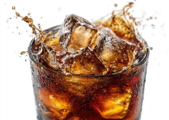Cola drink with ice cubes and splash