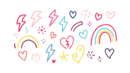 Playful doodle icons hearts lightning bolts rainbows doodles