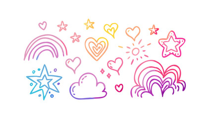 Rainbow hearts stars sun clouds doodles vector