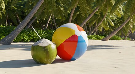 Seaside Leisure: A refreshing coconut with a straw and a colorful beach ball set against the backdrop of a sunny beach scene, inviting a sense of relaxation.