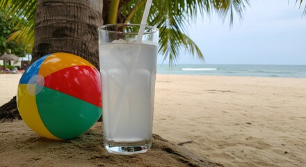 Tropical Refreshment: A tall glass of refreshing ice-cold drink sits beside a vibrant beach ball, basking in the sun-drenched sands near the ocean, evoking pure summer enjoyment.