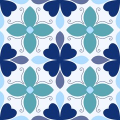 Geometric Floral Tile Pattern in Blue and Green &ndash; Seamless Design