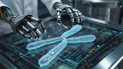 Futuristic lab scene with robotic hands examining a DNA strand